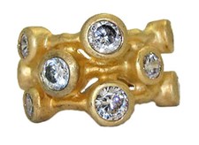 Image of ripple ring 3 band CZ 18kt yellow gold round white stone wide size 6 8 New