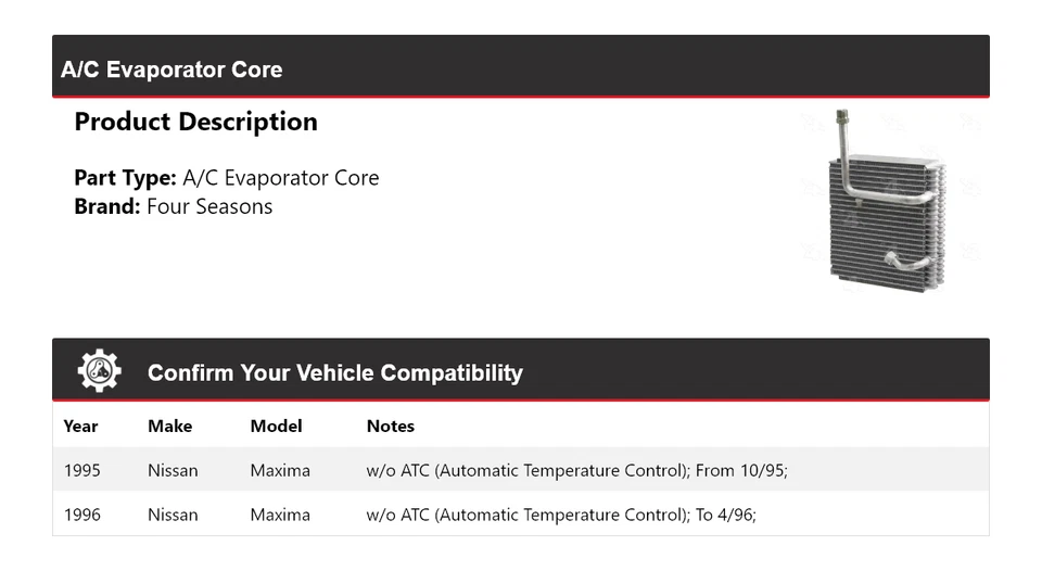 Núcleo evaporador aire acondicionado Nissan Máxima 1995-1996 4 estaciones Foto 2 de 4