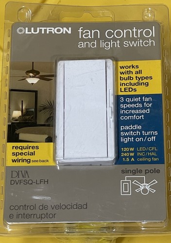 LUTRON FAN CONTROL And LIGHT SWITCH DIVA DVFSQ-LFH WHITE Ceiling New In Package - Picture 1 of 3