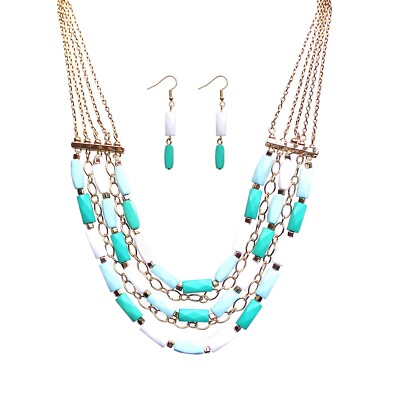 Multi color bead necklace earring set in green, light blue, and white beads New