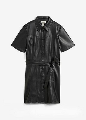 Figurbetontes Lederimitat-Kleid Gürtel Gr. 40 Schwarz Hemdkleid Blusenkleid Neu