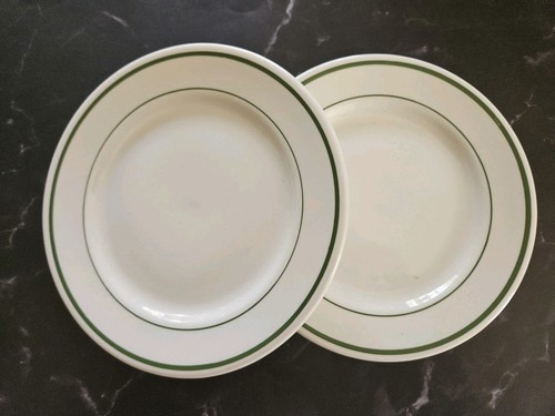2 Buffalo China Green Stripe Salad Dessert Plates 7” Restaurant Ware USA Vtg B
