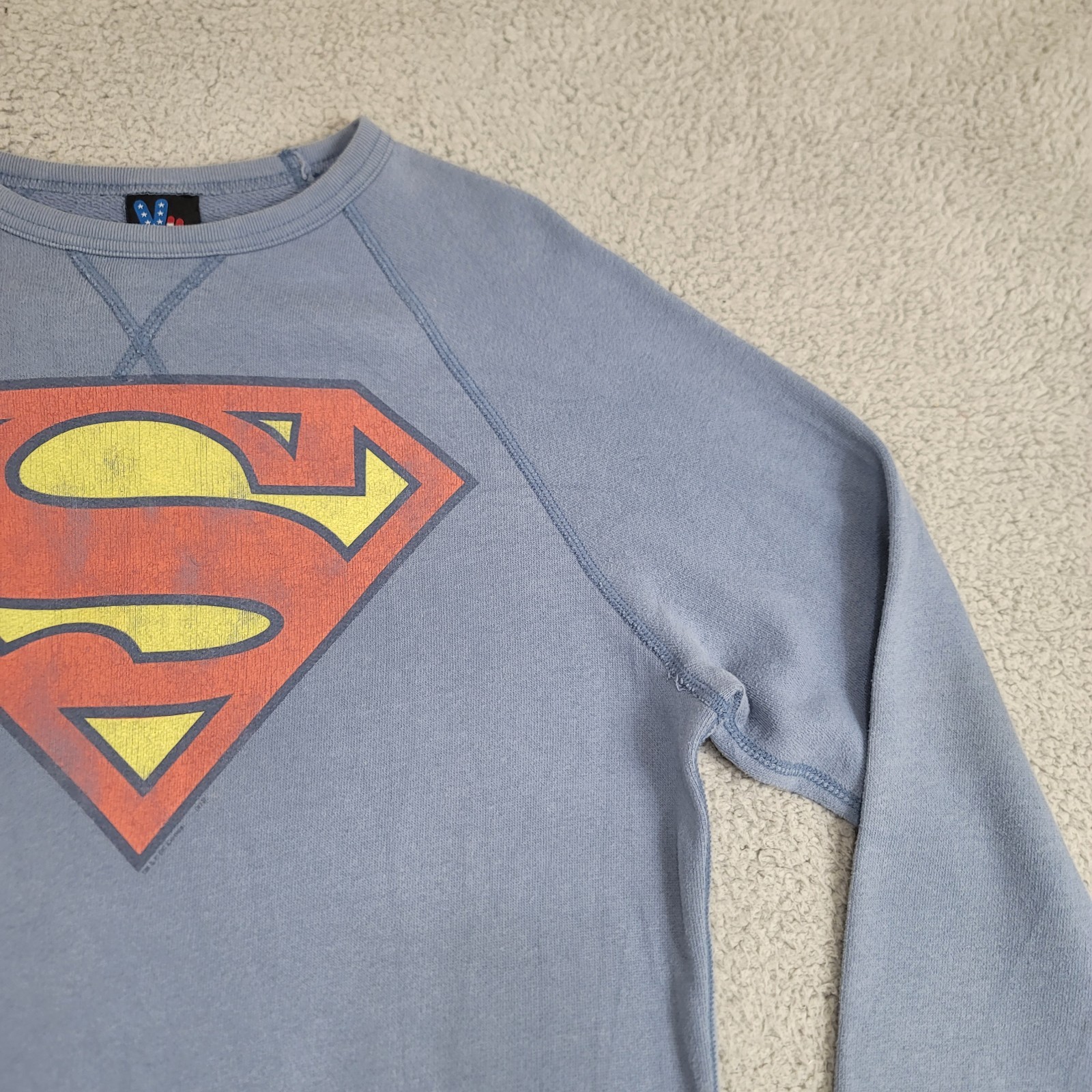 Vintage Junk Food Superman Sweatshirt Men's L Blue Raglan Soft Crewneck Made USA