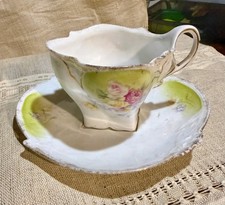 Antique RS Prussia Hand Painted Flowers Porcelain Demitasse Footed Cup and Sauce