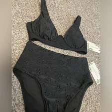 Chelsea & Violet Black Floral Eyelet Bikini Set High Waisted Bottoms Size XS