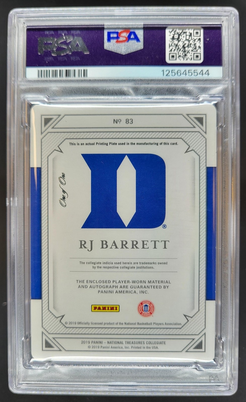 19-20 Panini National Treasures RJ Barrett 1/1 PLATE RC Patch Auto PSA AUTH BH5 view 2