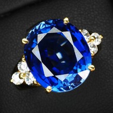24K Gold 925 Sterling Silver Rings Dazzling Royal Blue Sapphire Oval 12.30Ct