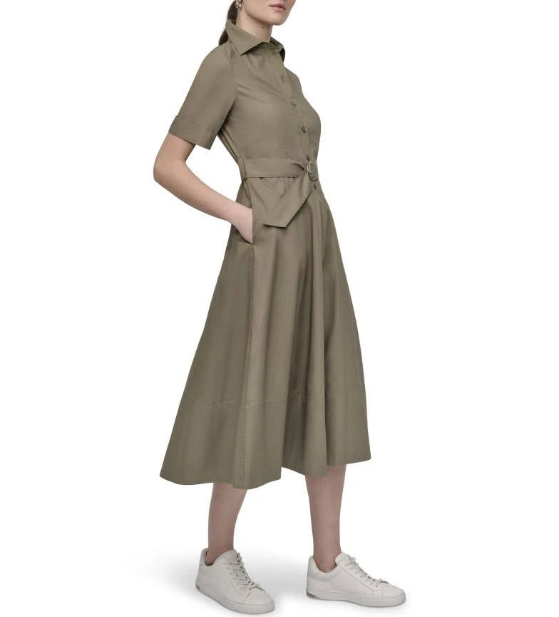 Vestido DKNY L verde botão frontal marrom acento utilitário camisa midi estilo algodão novo com etiquetas - Imagem 2 de 4