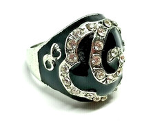Vintage Ring Silver Tone Metal Black Enamel Rhinestone Diamante 1980