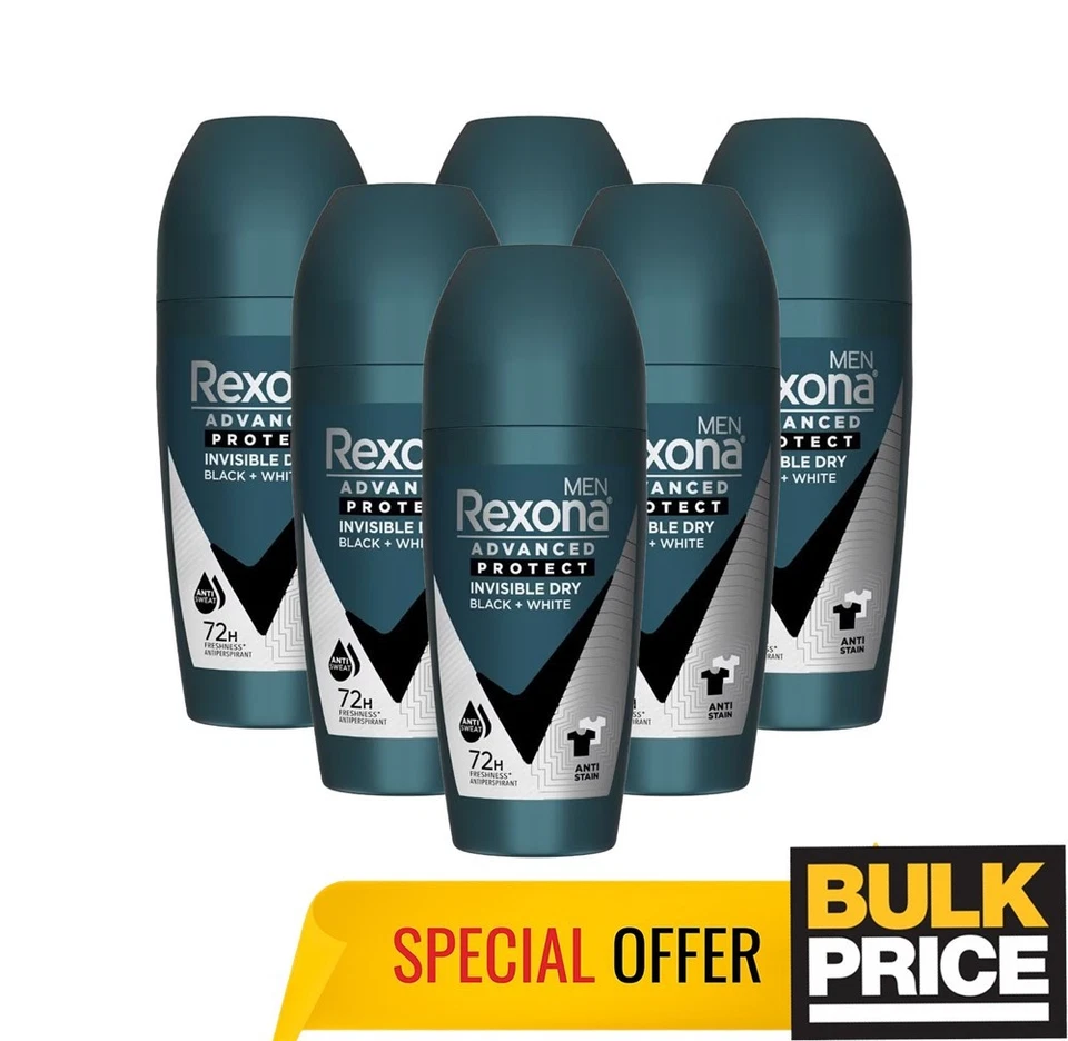 Rexona Men Invisible Dry Roll-On 45 ml Paquete de 6 | Protección antimanchas, oferta a granel Foto 2 de 4