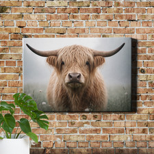 Highland Cow Portrait Art Print Shaggy Blonde Fur Curved Horns