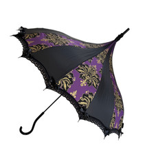 Purple & Gold Classic Damask Parasol Umbrella | Lace Bows Hook Handle | NWOT |