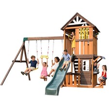Giant Kid Wood Swing Set Slide,Rock Wall,Toy Kitchen Outdoor Backyard Playground