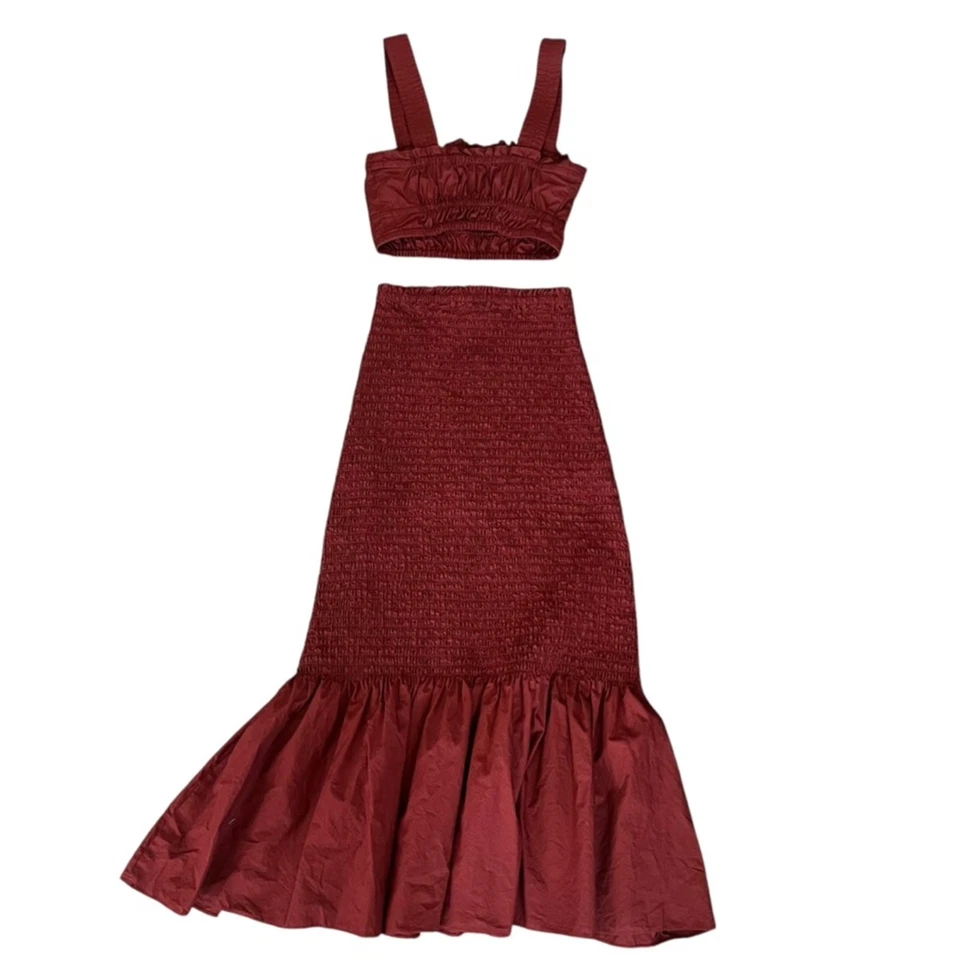 A.L.C. Women’s Lennyn Crop Top Lyra Smocked Poplin Midi Skirt Set Rust Red Sz 0 - Image 4 of 4