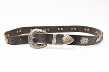Vintage Black Leather Southwestern Concho Belt Silver 3 Piece Buckle Set Size 32