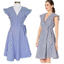 Calvin Klein Blue Striped Wrap Dress Size 4 Flutter Sleeve A-line