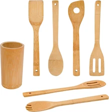 Bamboo Wooden Spoons & Spatulas Set - 6 Pieces Kitchen Cooking Utensils and 1 Ho