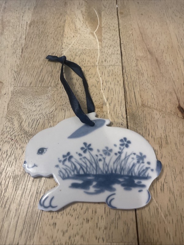 Bunny Blue & White Ornament Ceramic Rabbit Hallmark Russ Handpainted