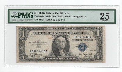 $1 1935 MULE - Double Date - Silver Certificate - fr.1607M - RA block - PMG 25