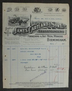 1912 Billhead Birmingham (James Cartland &Co Brassfounders Art Metal Worker)