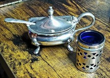 Vintage Silver Plated Small Open Salt and Lidded Mustard Pot with Spoon