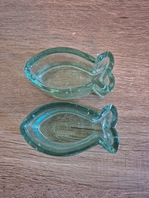 2 Fish Shaped Hand Blown Glass Trinket Dish Open Salt Condiment  Aqua Glass Bowl