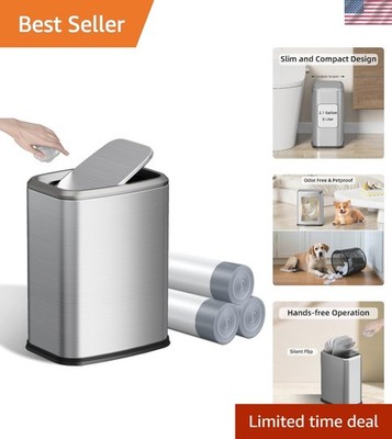 Small Bathroom Trash Can Silver Waste Bin with Lid 2 1 Gal Rectangular