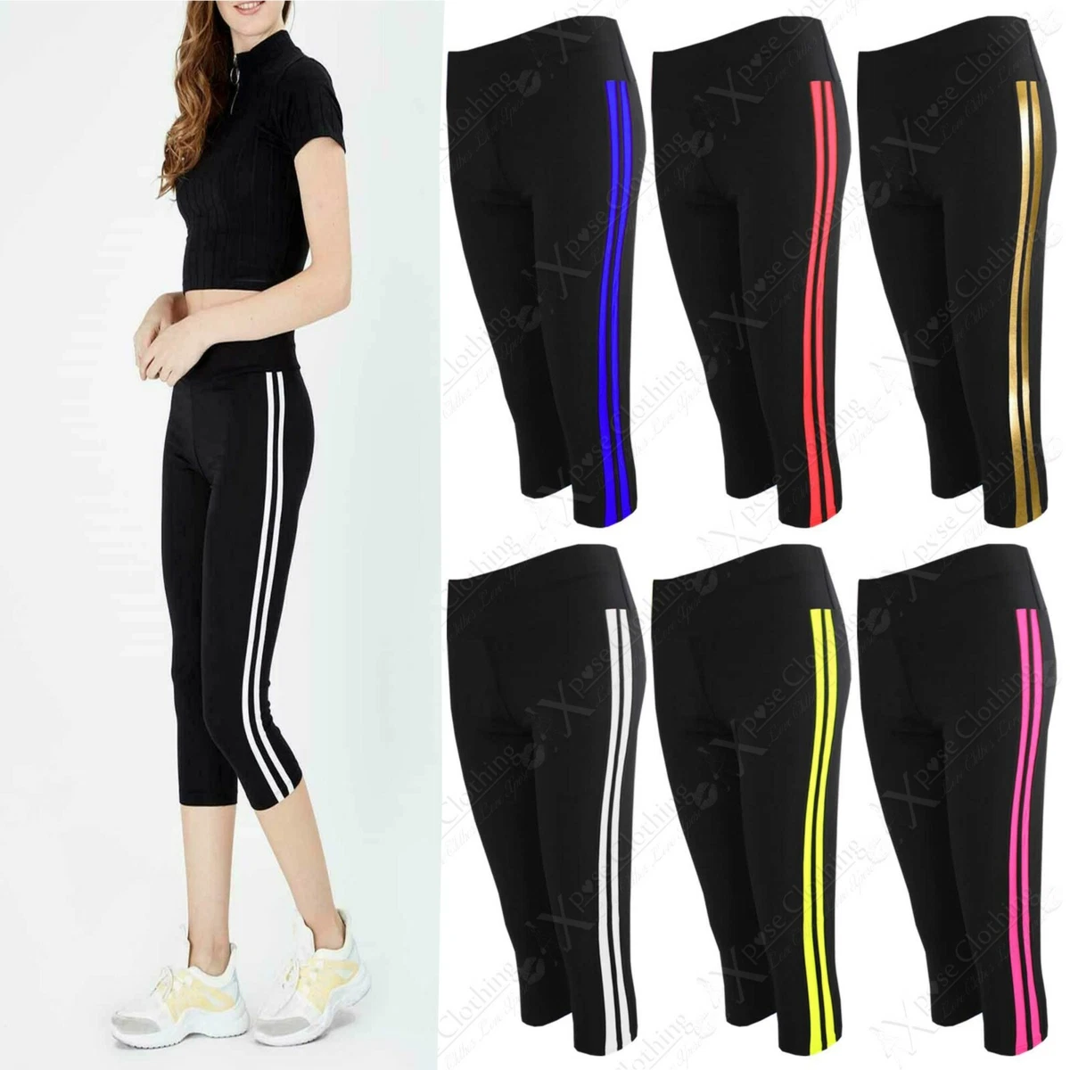 LADIES TWIN SIDE STRIPE CAPRI 3/4 SPORT LEGGING WOMEN GYM YOGA