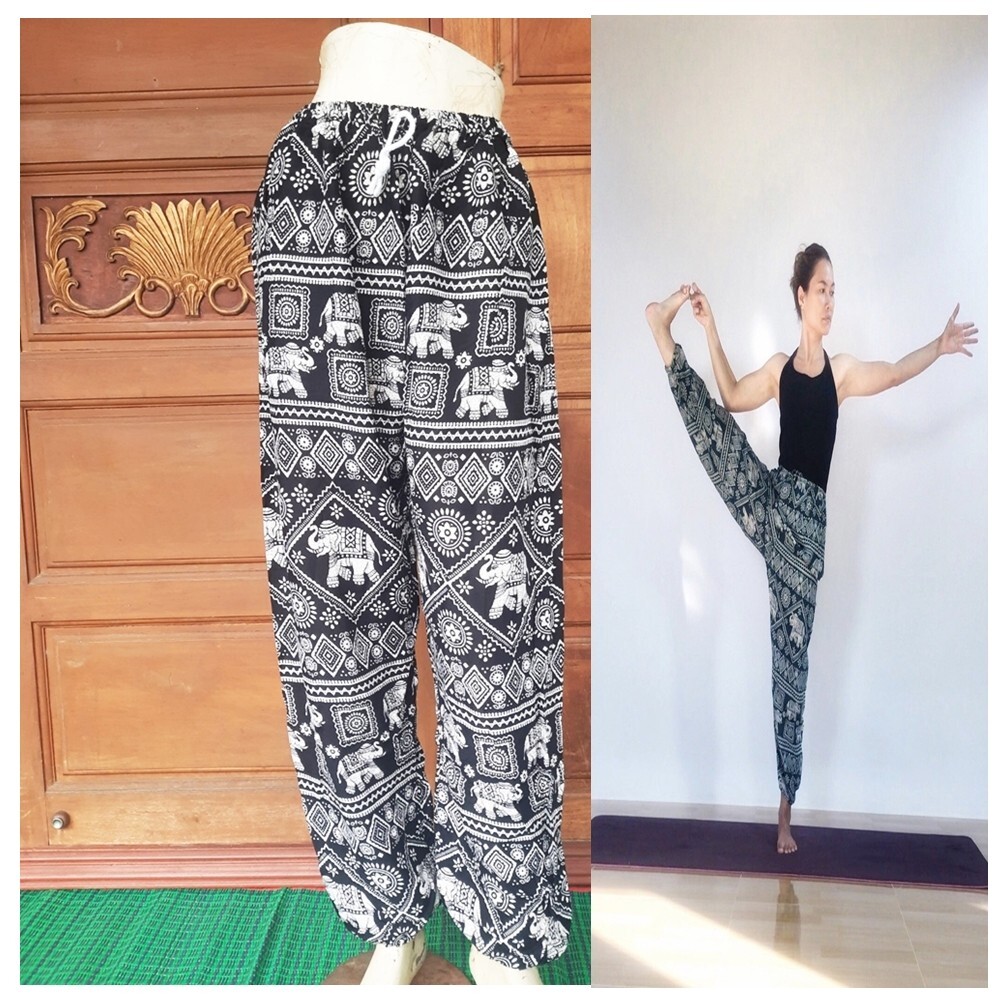 Black Pants Elephant Trouser Thai Harem Unisex Elastic Waist Yoga Exercise  Gift