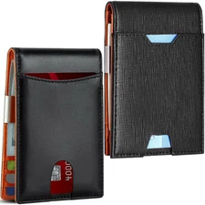 Mens Ultra Slim Money Clip Wallet Front Pocket Purse RFID Blk Genuine Leather US
