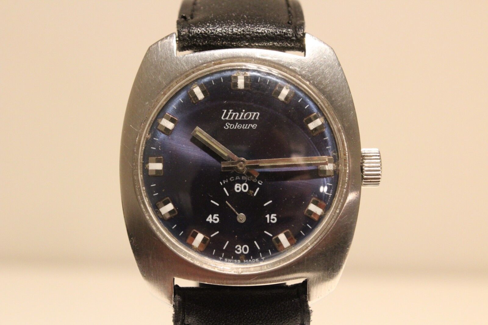 VINTAGE RARE NICE CLASSIC ALL STAINLESS STEEL MEN'S SWISS WATCH "UNION SOLEURE" 