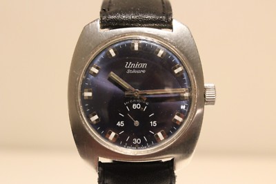 VINTAGE RARE NICE CLASSIC ALL STAINLESS STEEL MEN'S SWISS WATCH ''UNION SOLEURE'' 