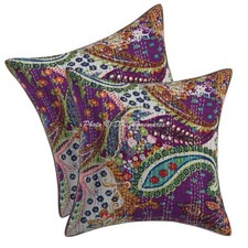 Bohemian Cotton Throw Pillow Covers Purple Boho Kantha Indian Paisley 40x40 cm