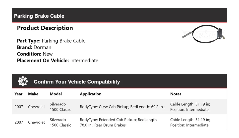 Cable de freno de estacionamiento Dorman clásico para Chevrolet Silverado 1500 2007 Foto 2 de 4