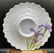 SHABBY CHIC MELAMINE Scalloped Edge Purple Iris Veggies and Dip Bowl and Plate