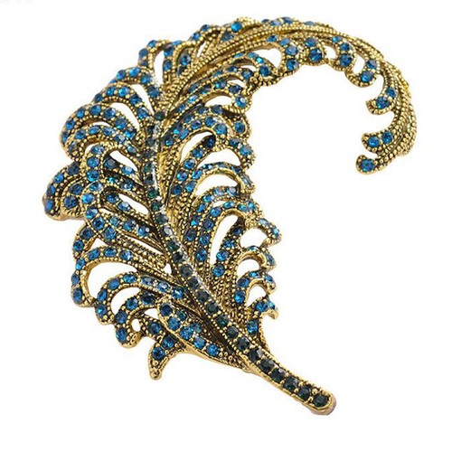 New Vintage Style Peacock Feathers Gold-tone Brooch Pin Blue Rhinestone Crystal - Picture 4 of 4