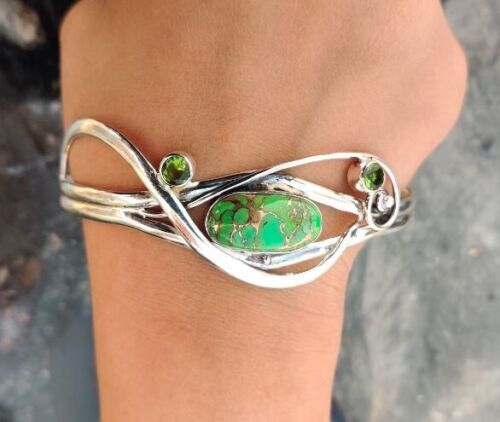 Green Copper Turquoise Gemstone 925 Sterling Silver Adjustable Bangle JewelryHR2 - Picture 1 of 13