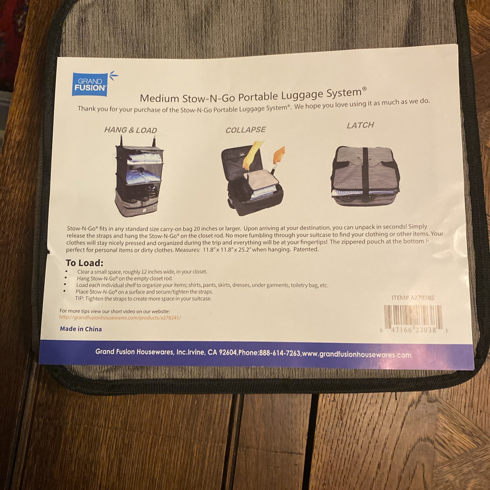 (1) Grand Fusion Stow-N-Go 3-Tiered Hanging Travel System 12" x 12" x 25" Medium