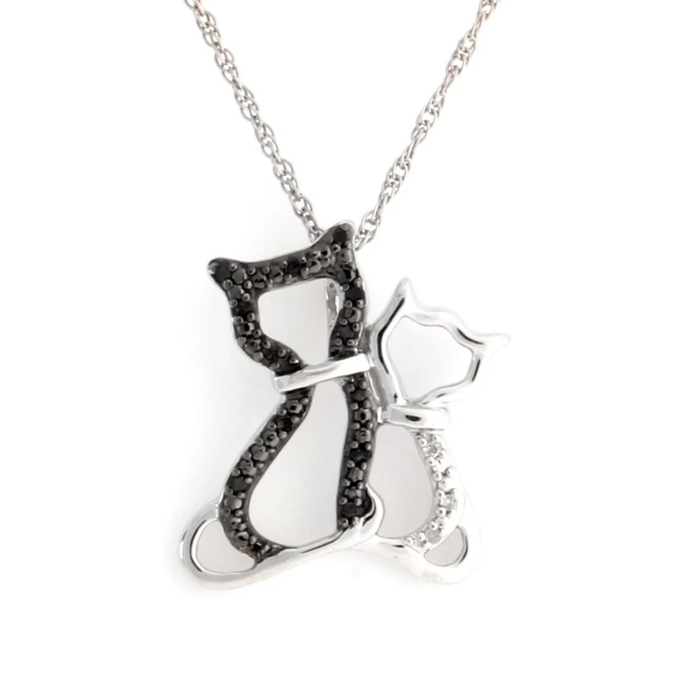 Pingente de gato dubale prata esterlina diamante preto e branco com corrente 18" O157 - Imagem 2 de 4
