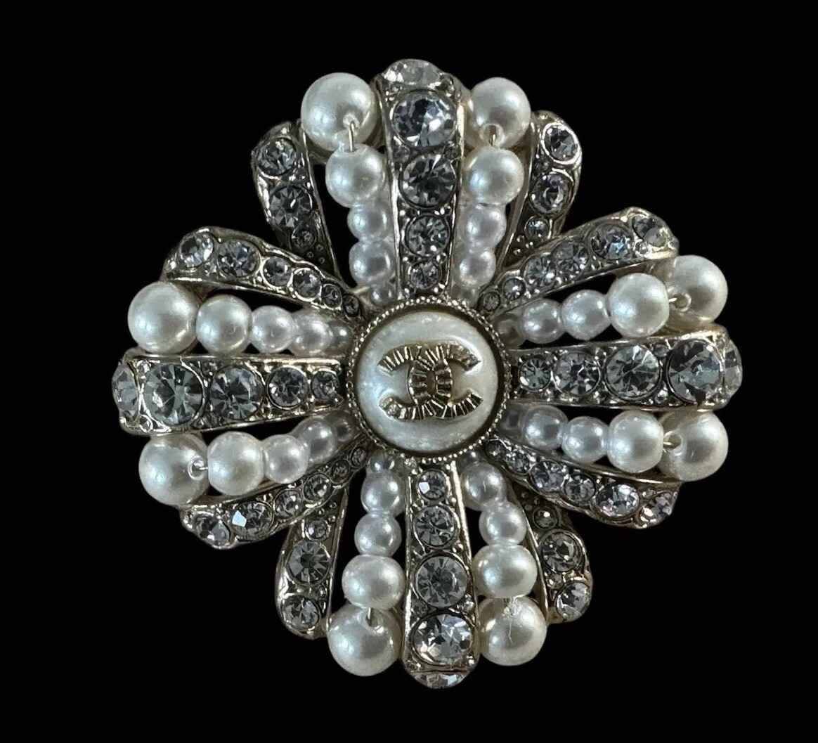 Vintage Chanel Faux Pearl Floral Brooch Pin - Check Description