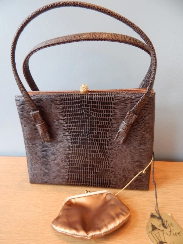 Vintage After Five Cocktail Lowy Mund HandBag 50s Brown Gator Reptile Purse Coin