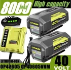 40V 8.0AH MAX For Ryobi 40 Volt Lithium Battery OP4050 OP40602 OP40261 / Charger