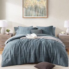 Queen Comforter Set Crinkle Textured Dusty Blue Bedding 7 Pieces  Boho All Seas