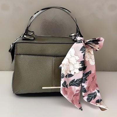 Olive Green Satchel Top Handle Bag with Floral Bow Accent and Bag Charm
