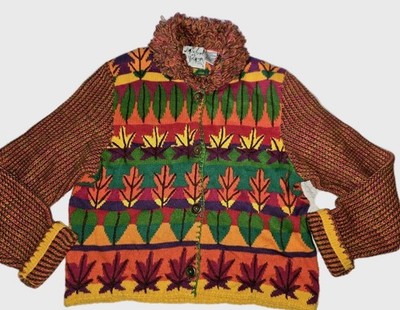 Vintage Michael Simon Fall Leaves Cardigan Sweater Sz L Looped Fringe Collar