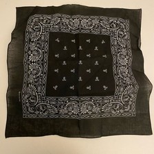 "Tan's Club" Bandana Scarf Black  White Paisley Pattern Print 22"X21" RN97467