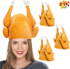 Plush Roasted Turkey Hats 3 Pack, Thanksgiving Novelty Costume Party Hats