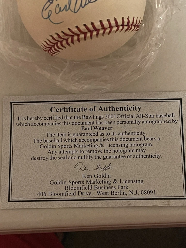 Бейсбольный знак Earl Weaver 2001 All-Star сертификат подлинности - Изображение 2 из 2