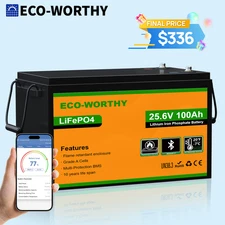 ECO-WORTHY 24V 100Ah LiFePO4 Lithium Battery Bluetooth Low-Temp For Home RV