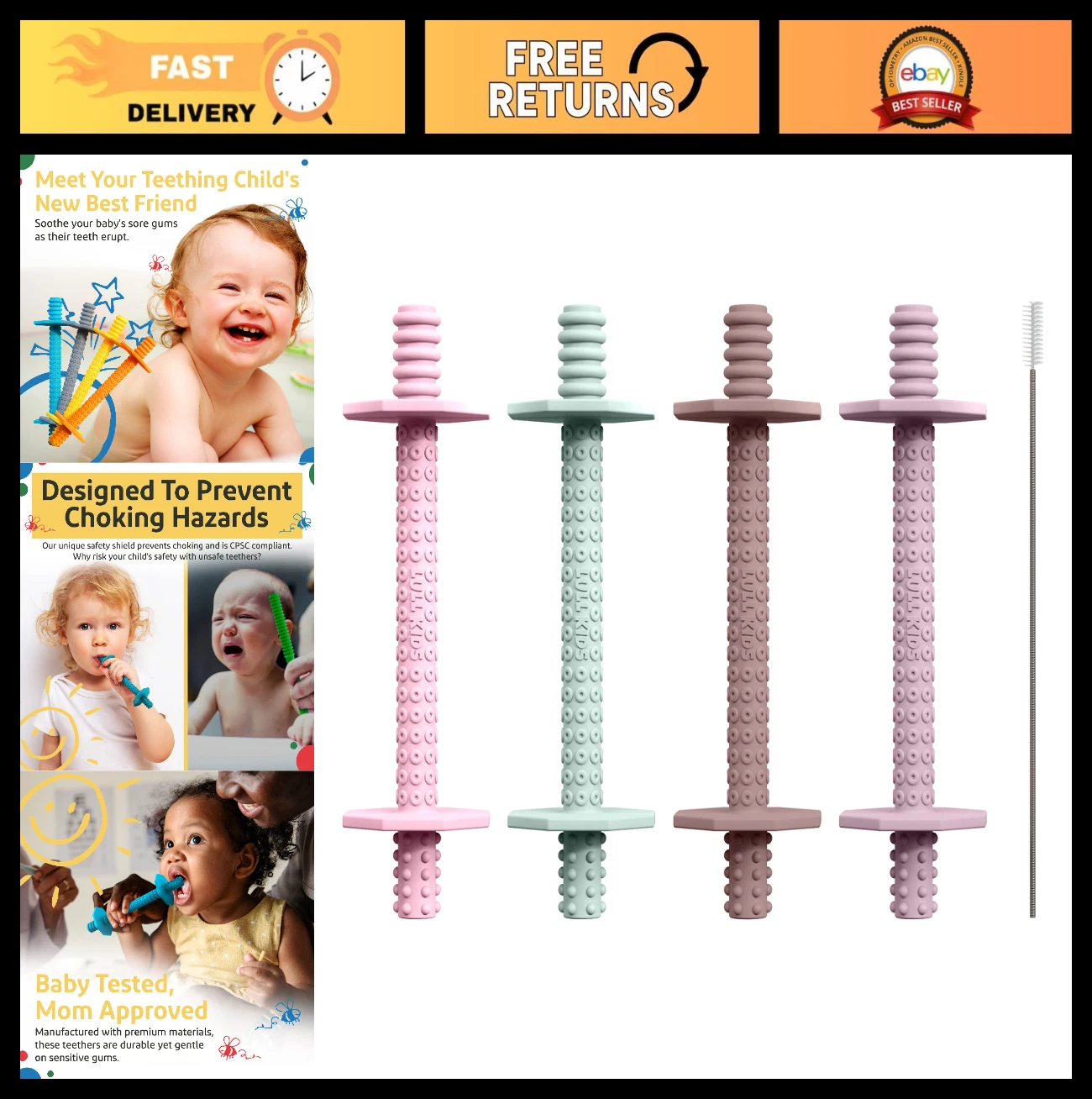 Textured Silicone Baby Teethers 0-12 Months, Freezable Chew Sticks for Teething